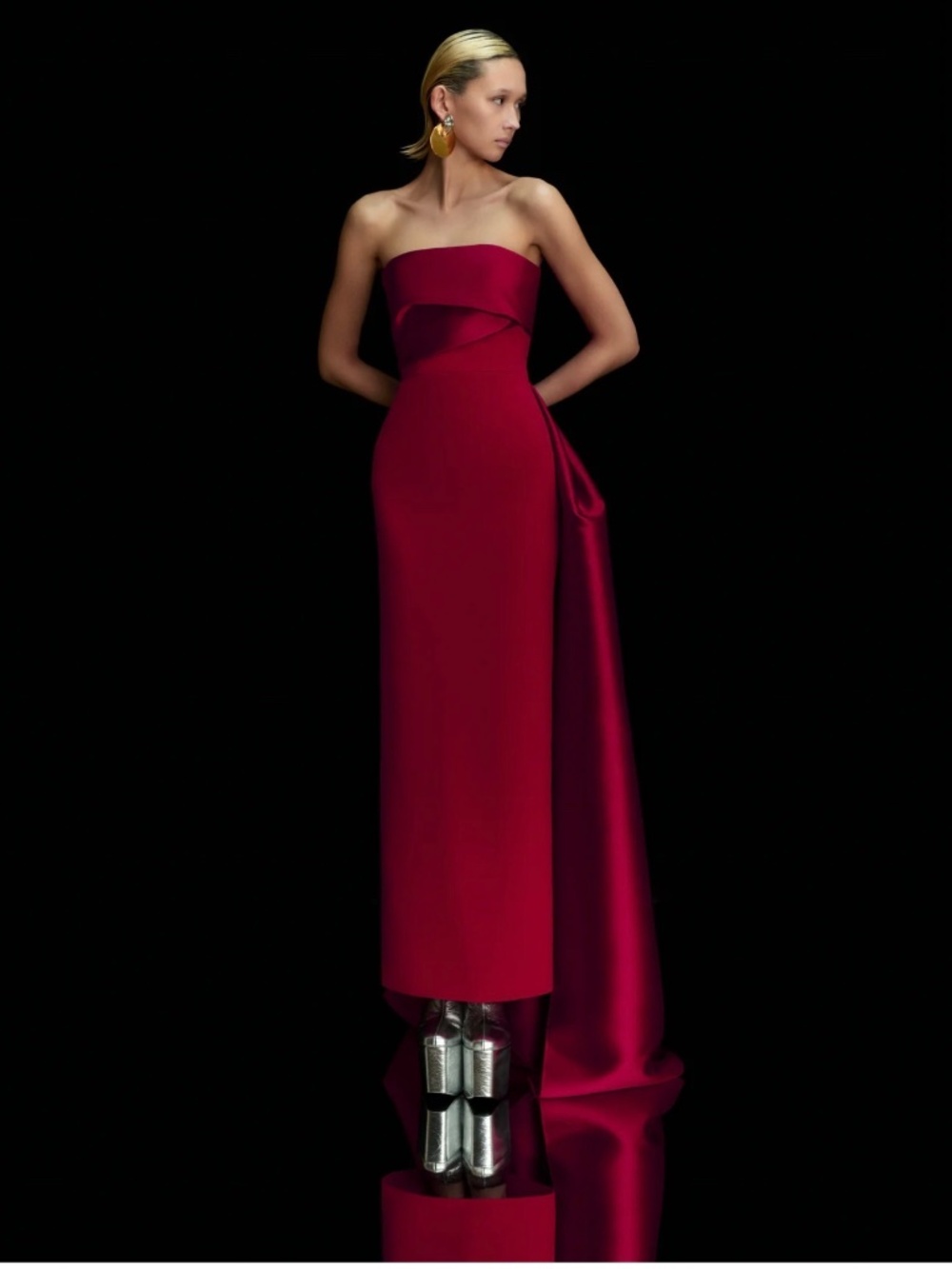 Solace London Strapless Red Maxi Gown with Draped Train